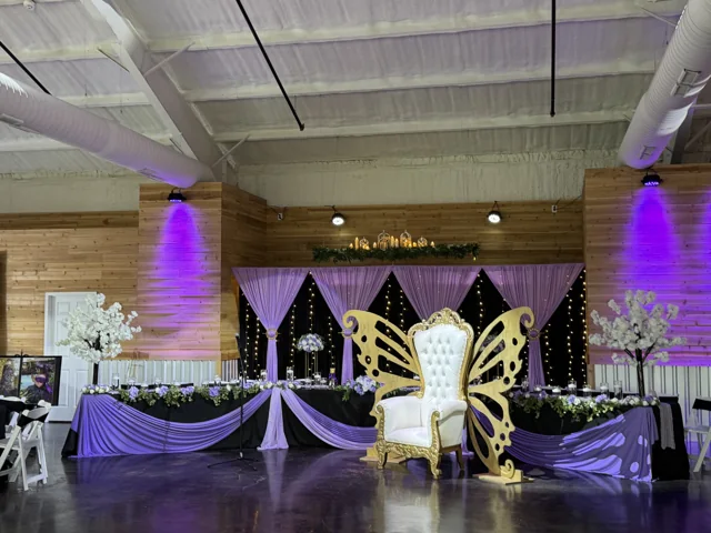 A reception backdrop with butterfly accents and purple lighting
