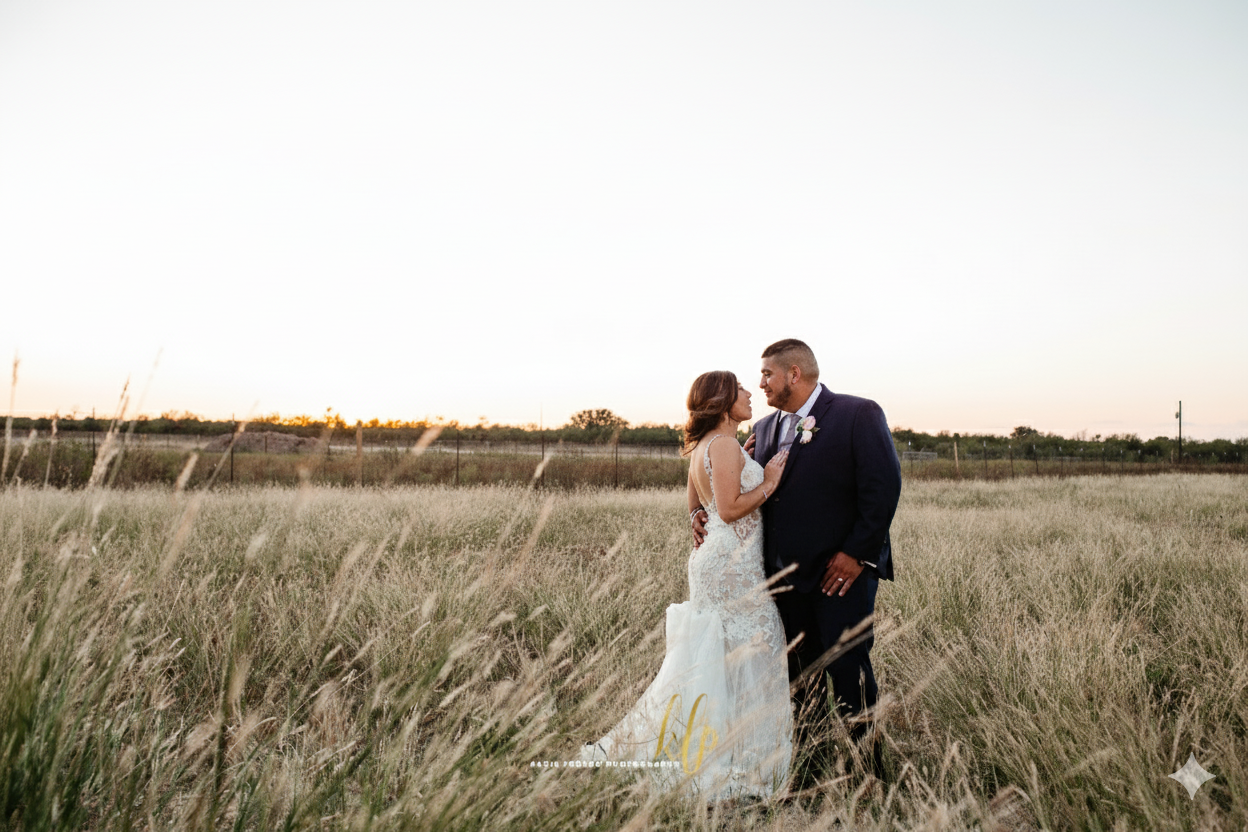 A couple celebrates their wedding in the open fields at Enchanted Ranch