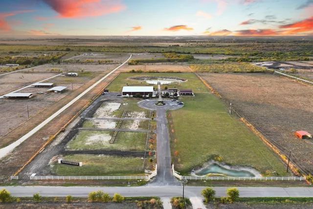 The ranch grounds and nearby fields seen from above
