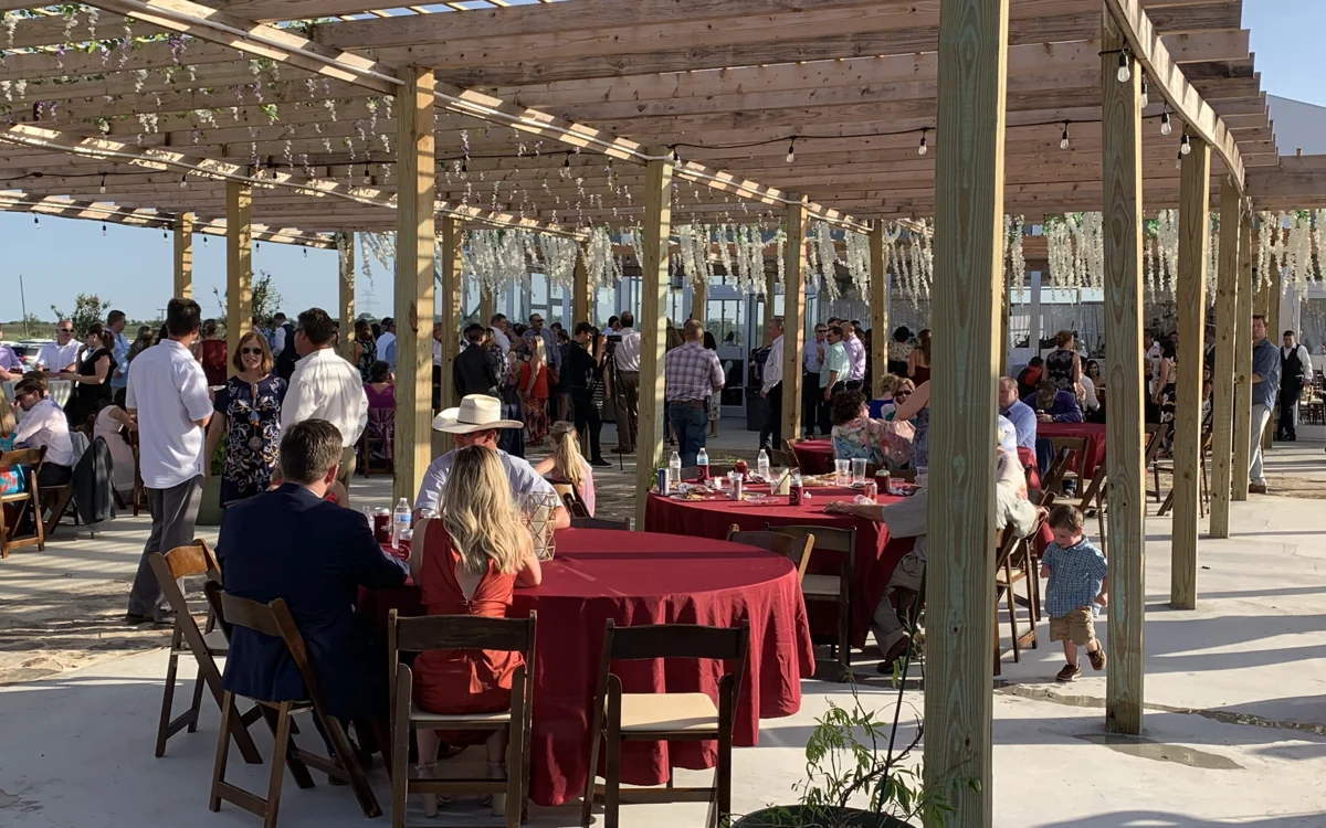 Guests share a meal and conversation beneath the sunlit pergola